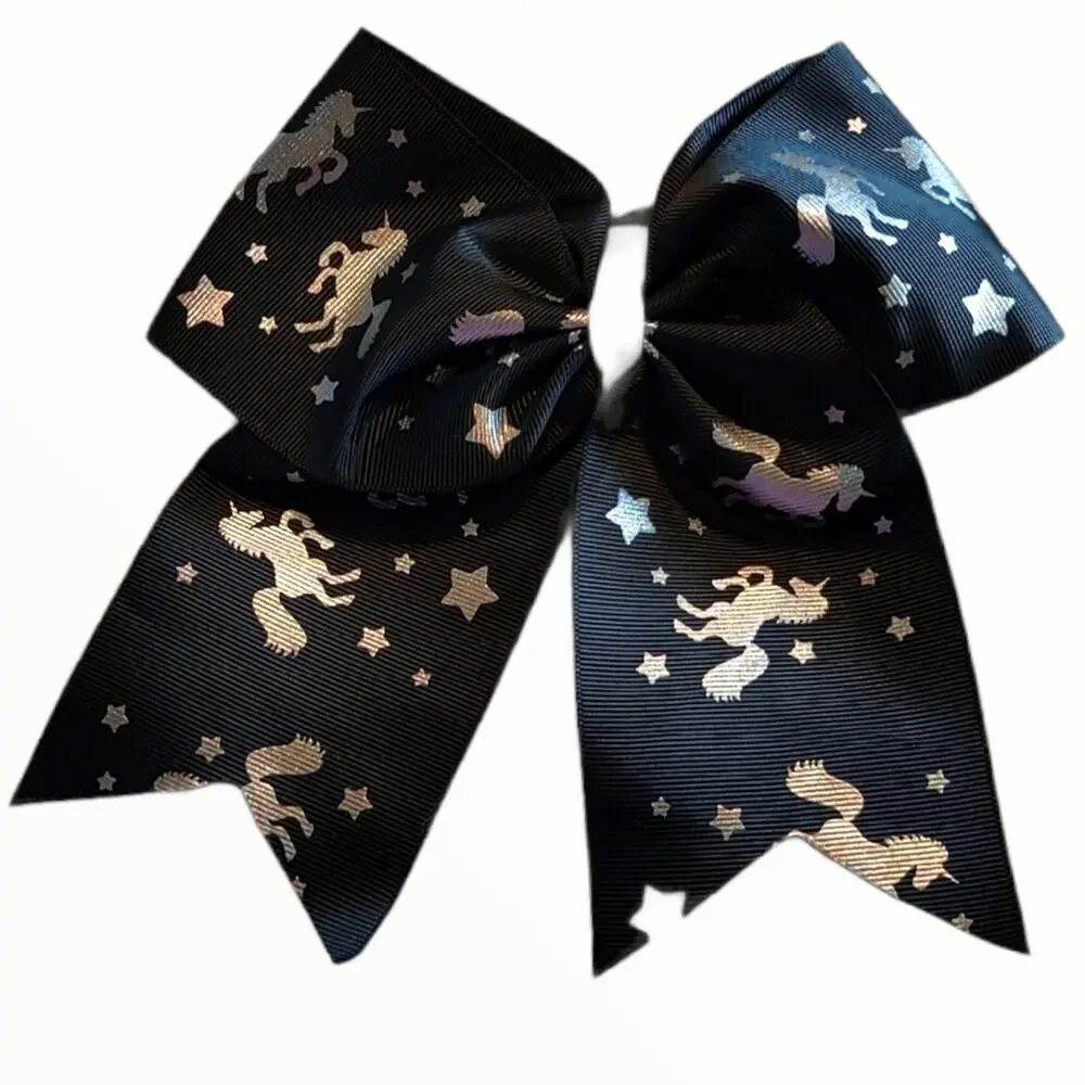 Large Boutique Bow Black and Silver Metallic Unicorn Stars Hair Tie